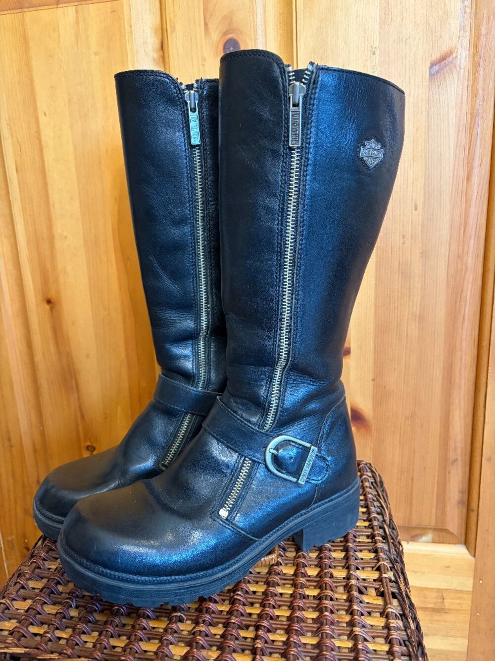 Vintage Harley Davidson Moto Buckle Boots High Leather Black Y2K Women Size 8.5